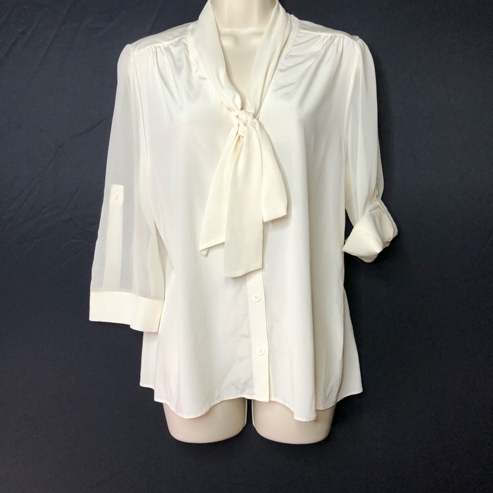 Alice + Olivia off white silk bow blouse